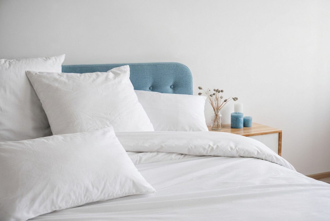 Frisch bezogenes Bett mit weißer Bettwäsche und Kissen